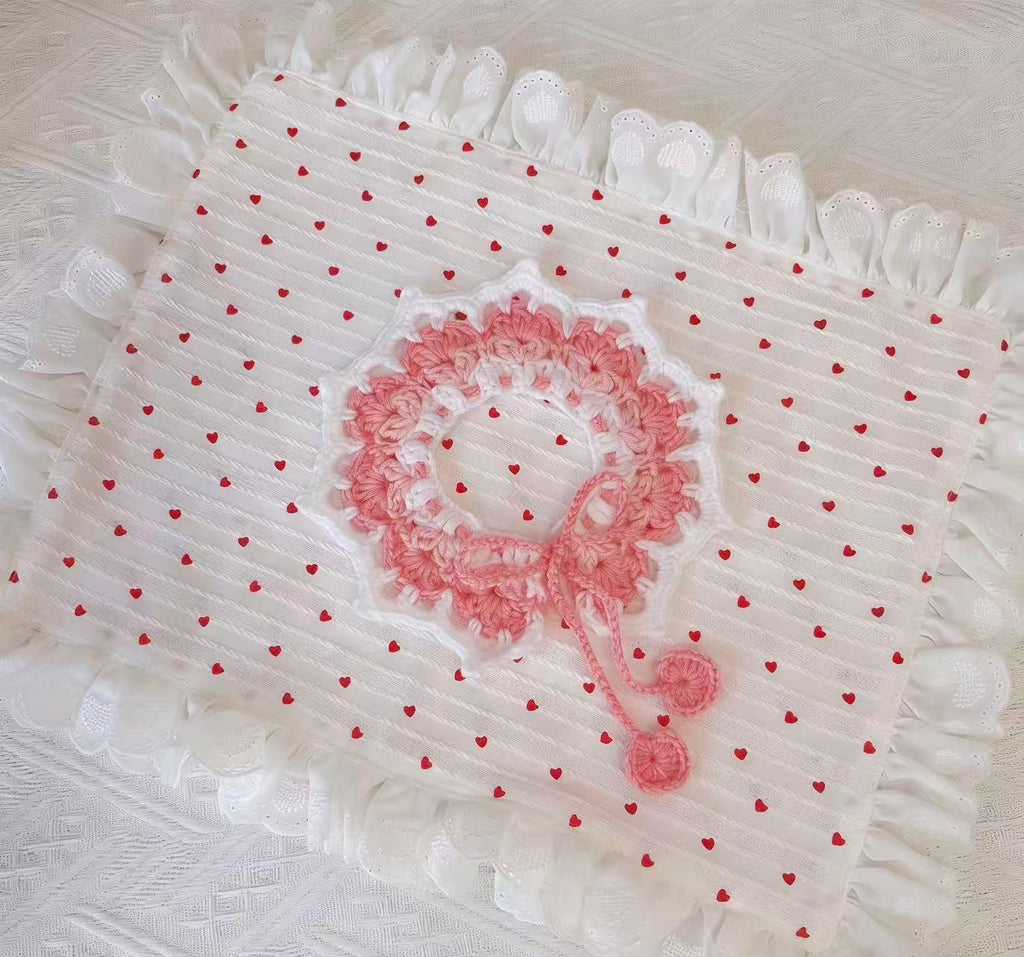 Handmade Pink & White Crocheted Pet Bandana with Lace Trim, Customizable