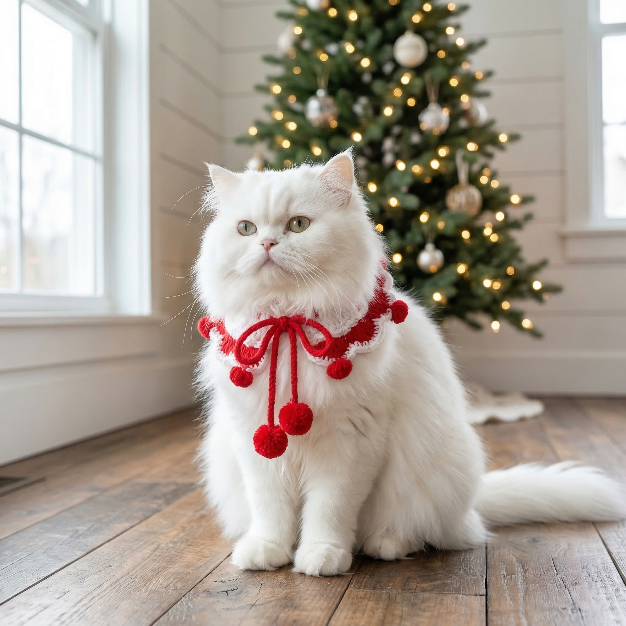 Handmade Crochet Pet Collar | Red White Ruffled Dog Cat Bandana with Pom Poms