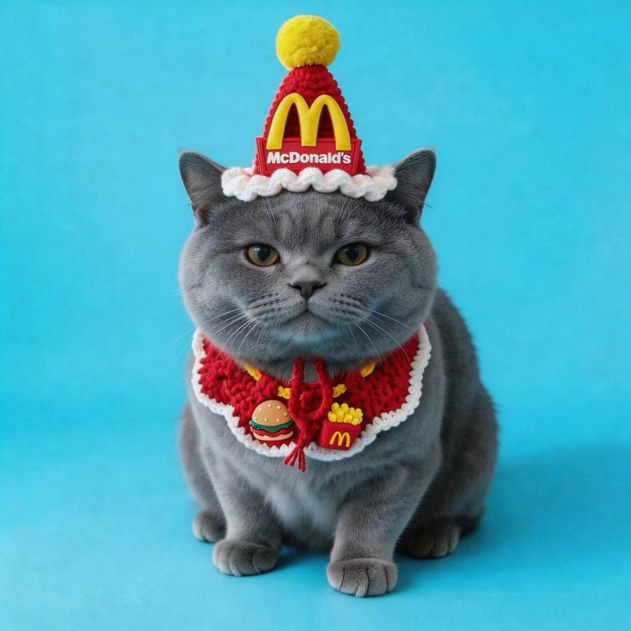 Adorable Ragdoll Cat Wearing Handmade Crochet McDonald's Pet Hat and Bib, Cute Pet Costume for Cats, Knitted Pet Accessory for Photoshoots