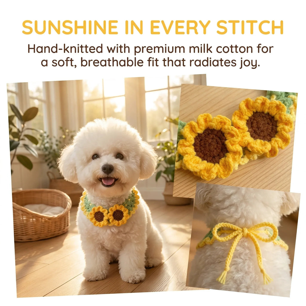 Cute Bichon Frise Wearing Handmade Crochet Sunflower Pet Collar, Yellow Flower Bandana with Soft Adjustable Fit, Handcrafted Pet Accessory