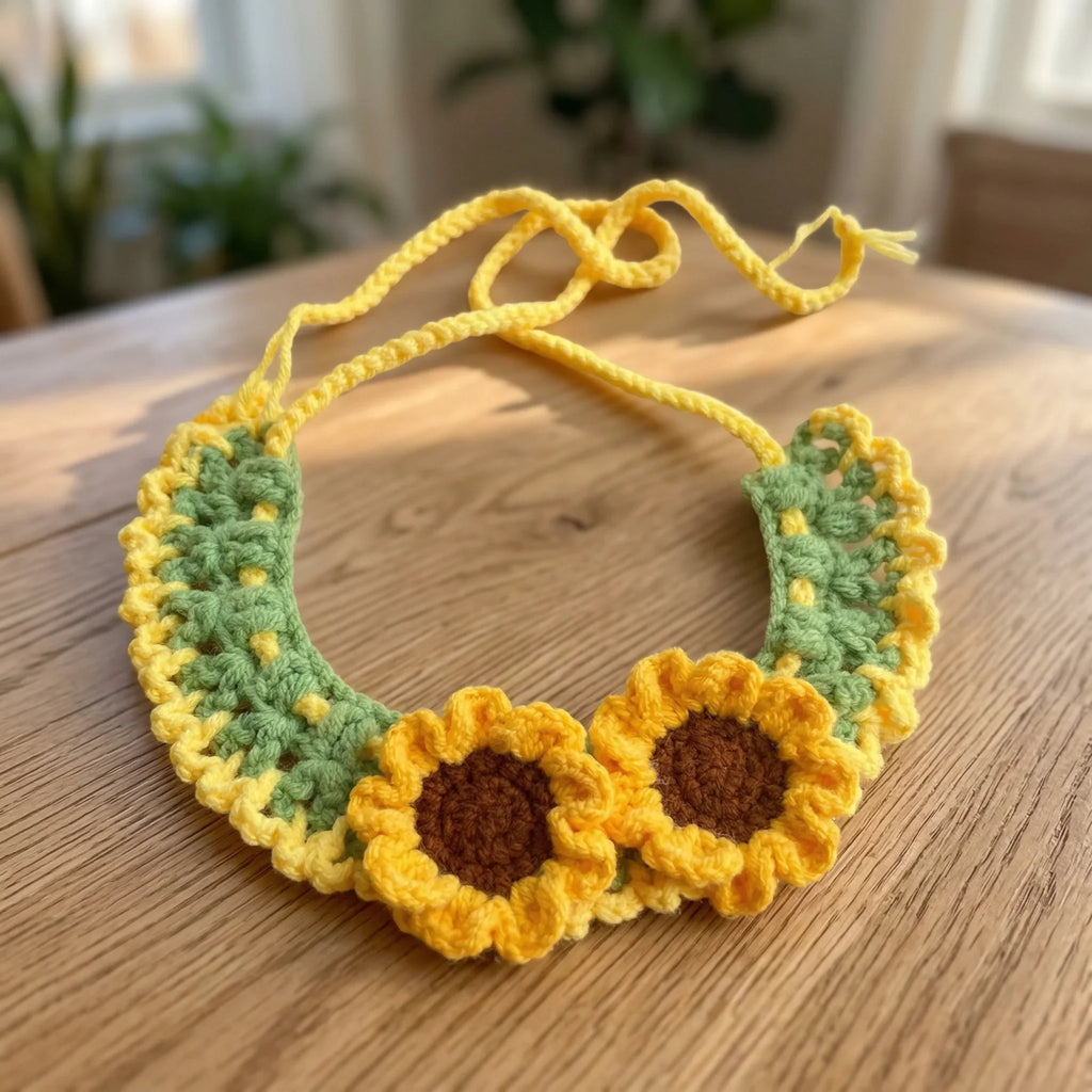Handmade Crochet Sunflower Pet Collar Closeup, Yellow Flower with Green Leaves Design, Soft Milk Cotton Adjustable Pet Neckwear for Cats & Small Dogs