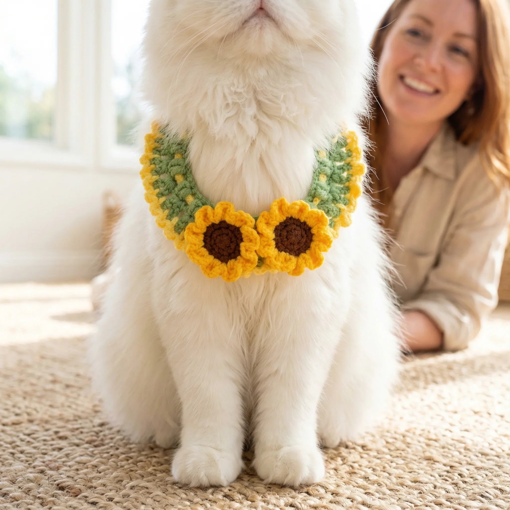 White Cat Wearing Handmade Sunflower Crochet Pet Collar, Soft Adjustable Flower Neckwear, Hand-Knitted Pet Accessory for Daily Wear & Photos