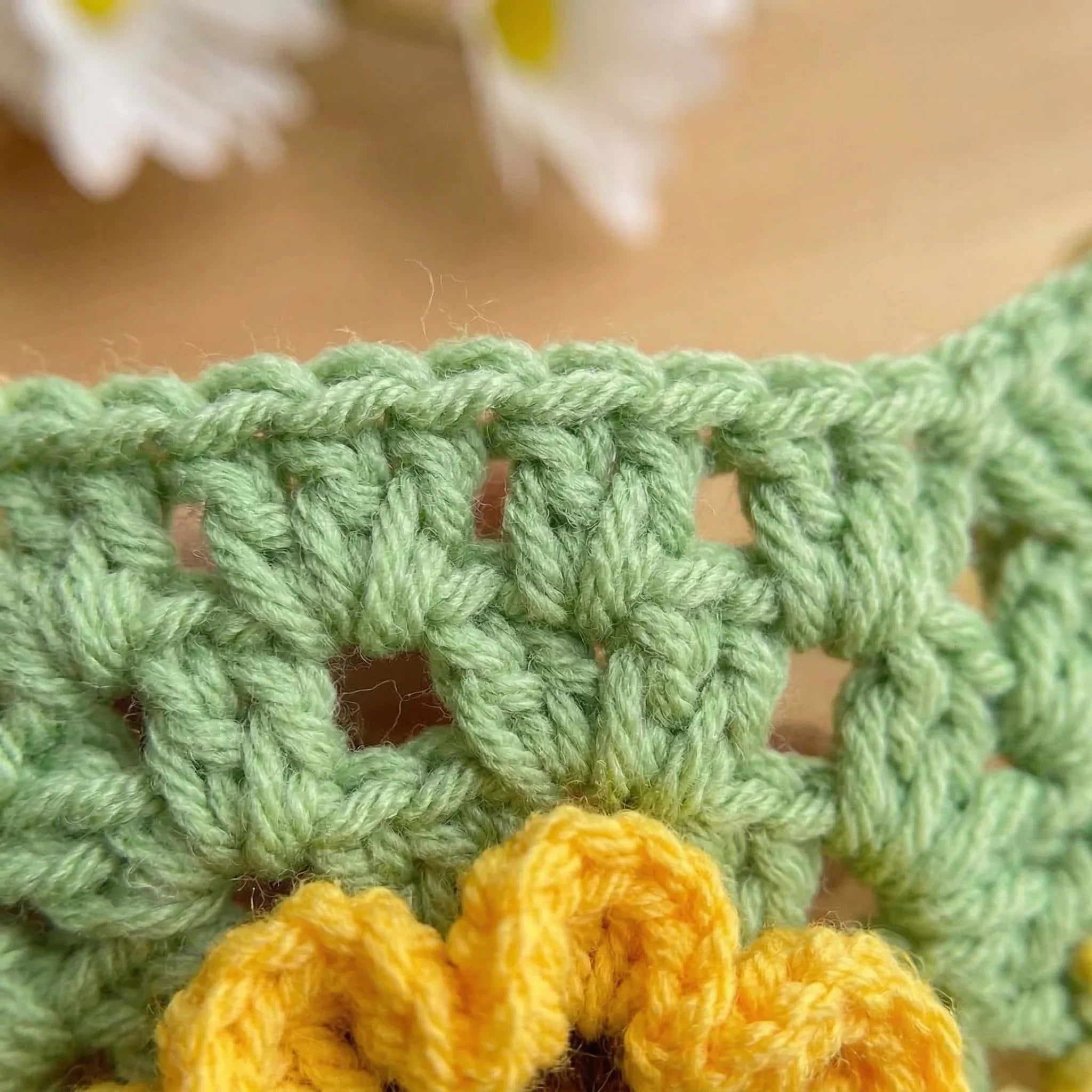 Sunflower Pet Collar Crochet Texture Closeup, Hand-Knitted Green Leaves & Yellow Flower Details, Soft Milk Cotton Material, Durable Handcrafted Work