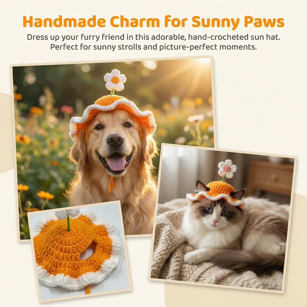 Irresistibly Cute Handmade Crochet PetHat with Flower| Turn Your Pet Into aWalking Sunshine  I Perfect forPhotos, Gifts & Viral Moments
