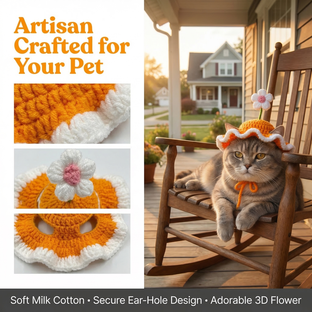 Irresistibly Cute Handmade Crochet PetHat with Flower| Turn Your Pet Into aWalking Sunshine  I Perfect forPhotos, Gifts & Viral Moments