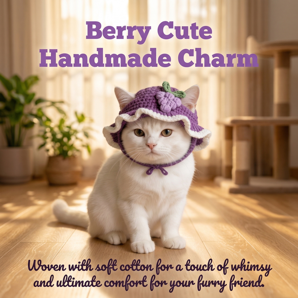 Cute Cat Wearing Handmade Purple Grape Pet Hat