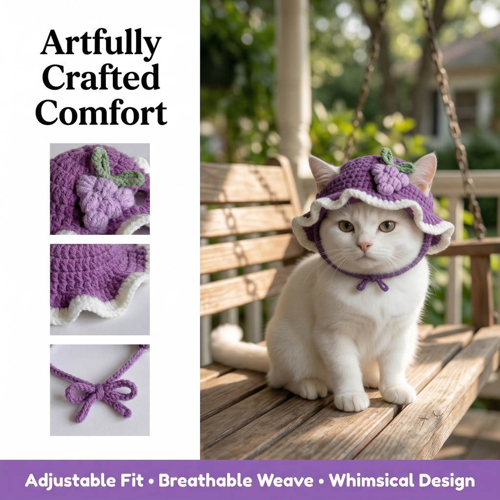 Handmade Purple Grape Pet Hat -Soft Yarn for Small Dogs and Cats