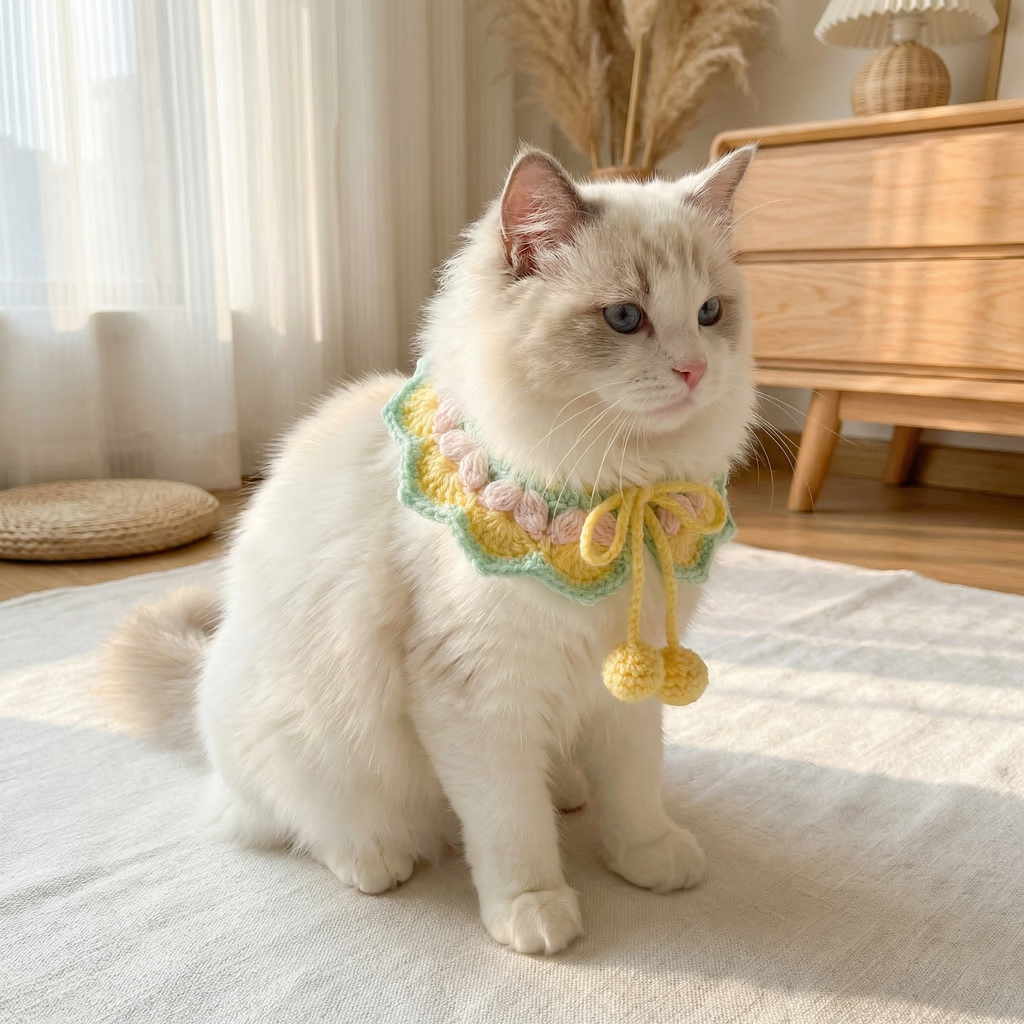 White cat wearing a handmade crochet pet scarf with pastel colors, sitting in sunlit room.