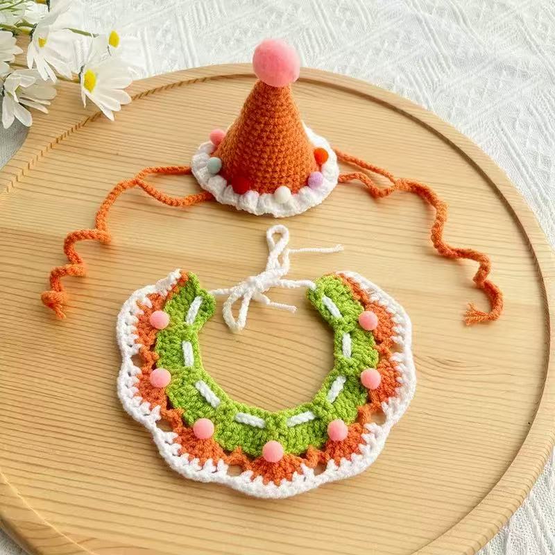 Orange-green and terracotta crochet pet party set, vibrant and stylish