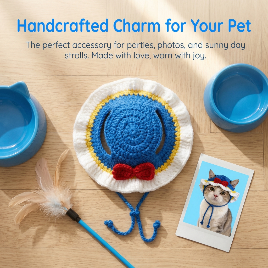 Handcrafted Crochet Pet Hat, Blue Knitted Cat Headwear with Red Bow and Ruffled Edge, Perfect Accessory for Parties and Photoshoots, Pure Handmade Pet Accessory