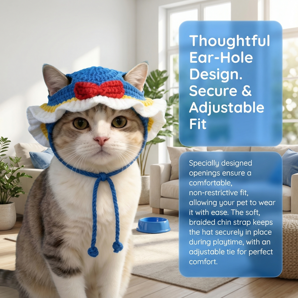 Handmade Crochet Cat Hat with Thoughtful Ear-Hole Design, Specially Opened for Comfortable Fit, Secure Adjustable Chin Strap, Cute Knitted Pet Headwear