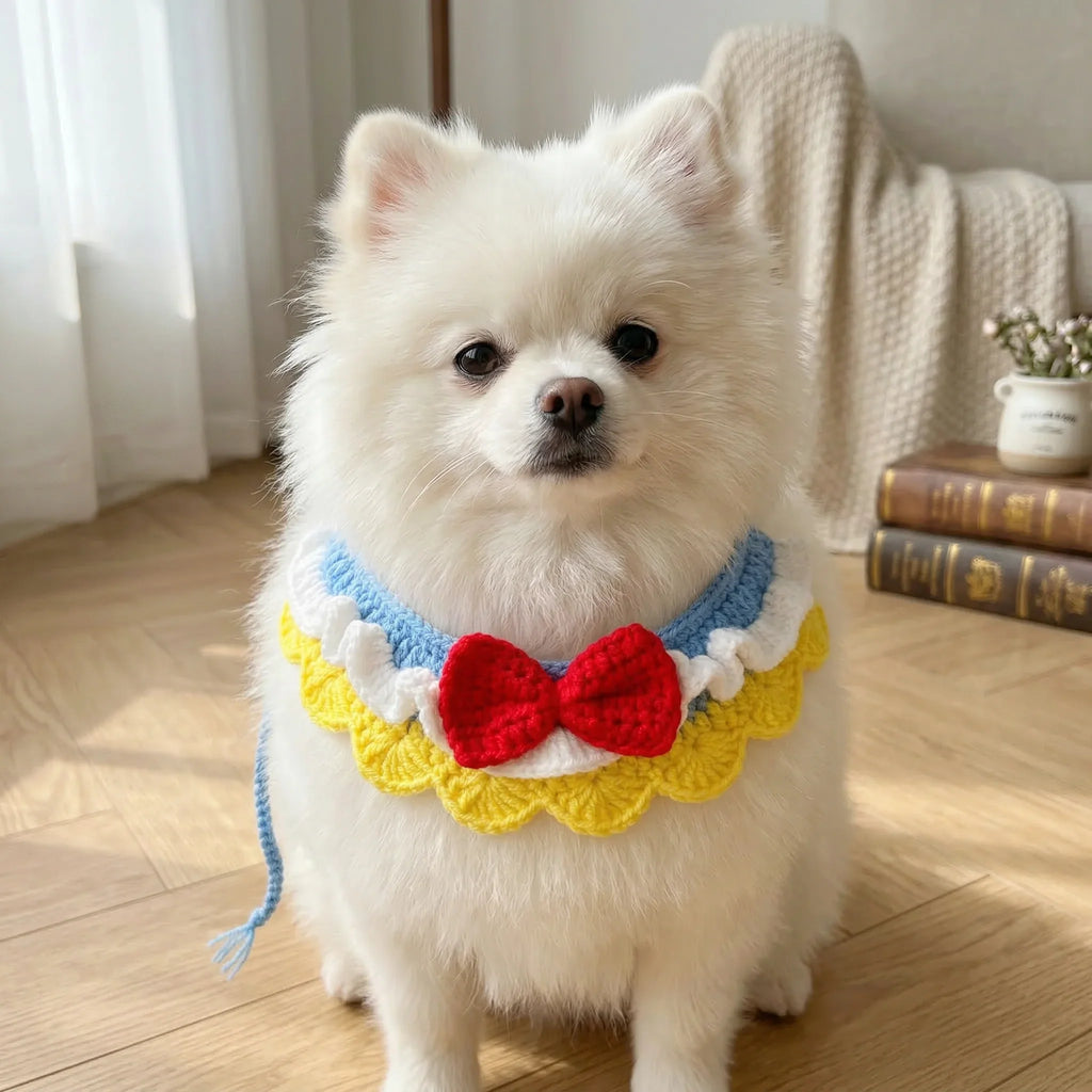 Handmade Crochet Pet Collar | Ruffled Lace Bow Design Dog Cat Bandana Soft Adjustable