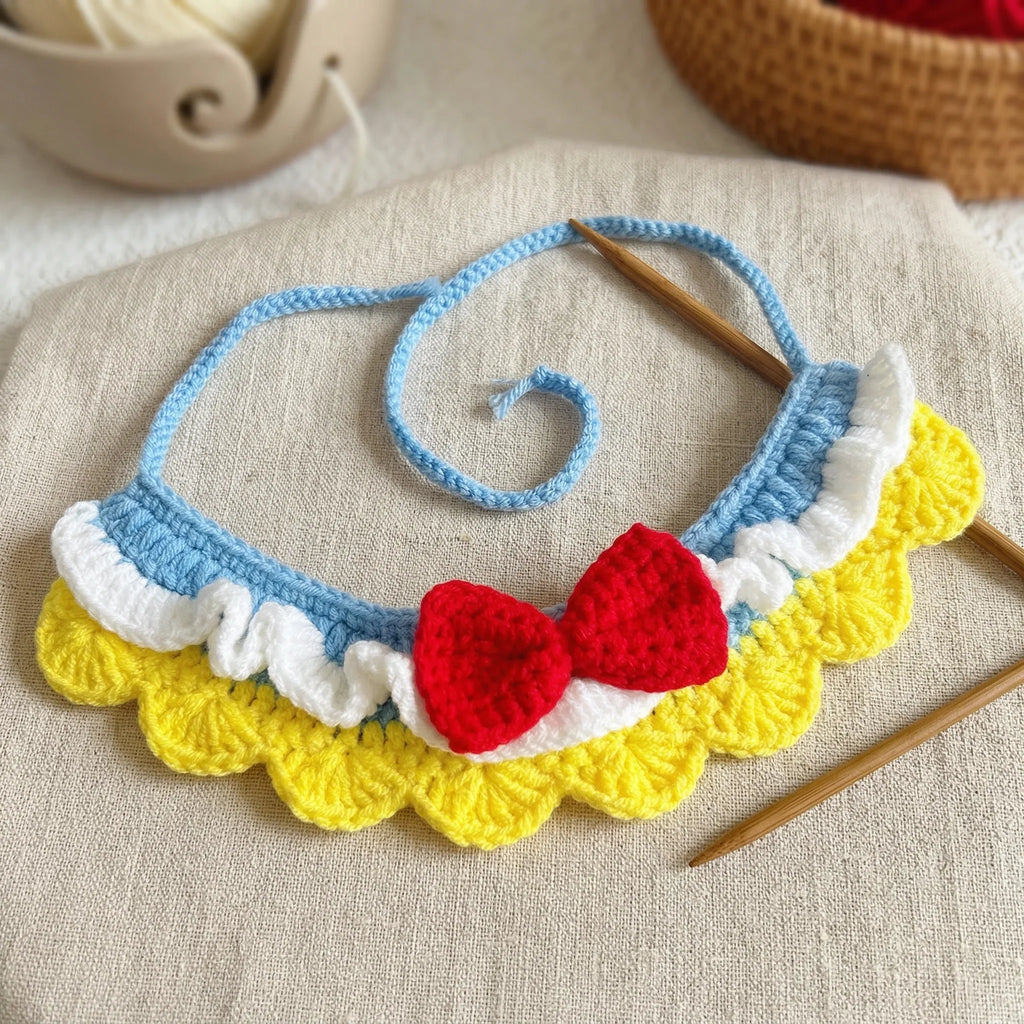 Handmade Crochet Pet Collar | Ruffled Lace Bow Design Dog Cat Bandana Soft Adjustable