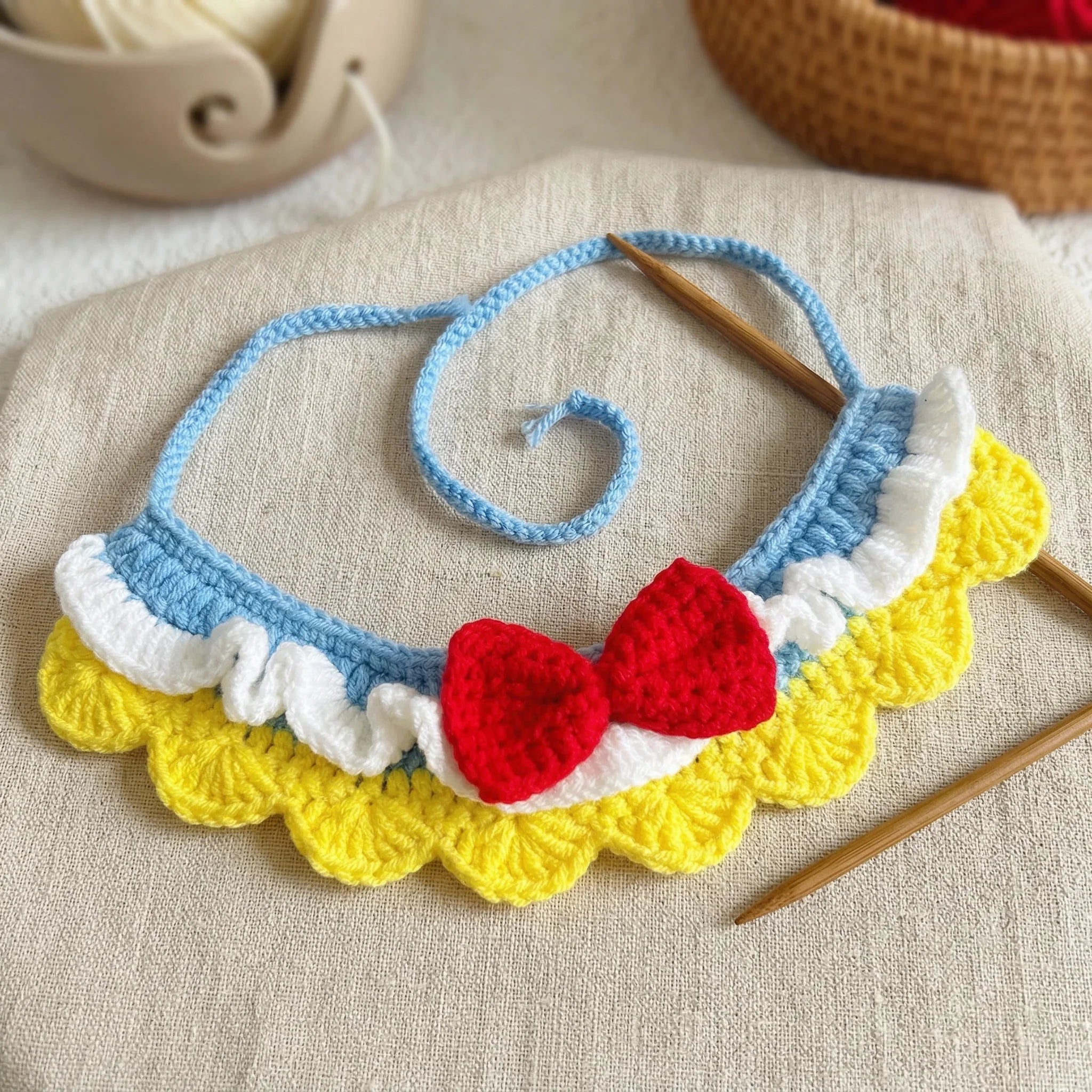 Handmade Crochet Pet Collar | Ruffled Lace Bow Design Dog Cat Bandana Soft Adjustable