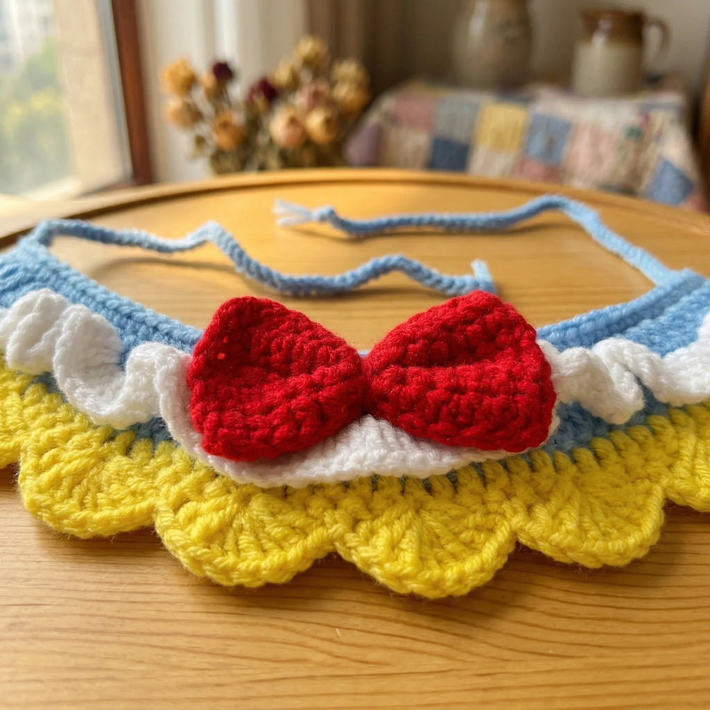 Handmade Crochet Pet Collar | Ruffled Lace Bow Design Dog Cat Bandana Soft Adjustable