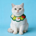 Handmade lime green crochet pet bib with 3D strawberry,white flower, and bunny character for small dogs and cats.