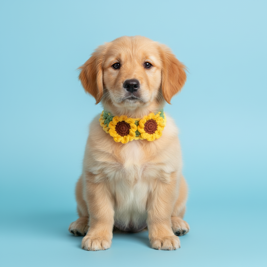 White Cat Wearing Handmade Crochet Sunflower Pet Collar, Multicolor Flower Design Soft Adjustable Bandana, Photogenic Handcrafted Pet Accessory