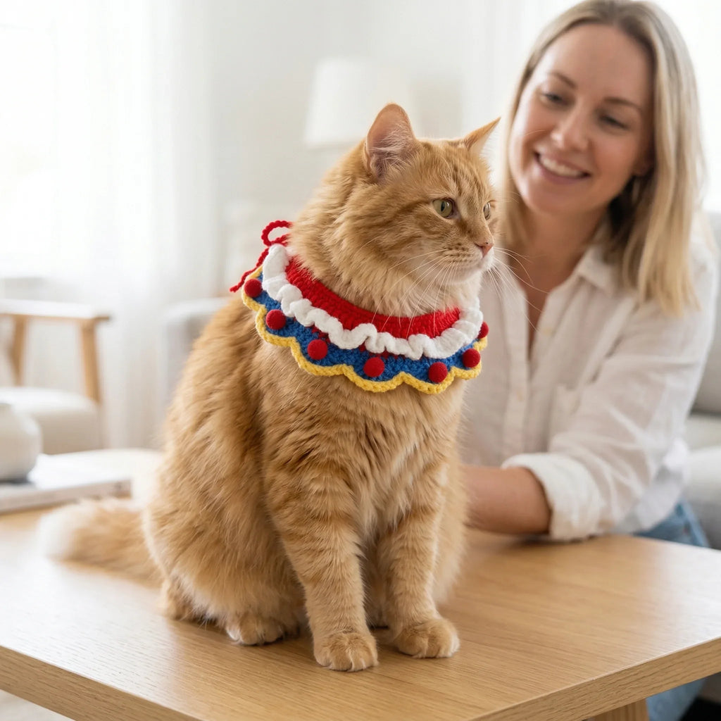 Handmade Crochet Pet Collar | Ruffled Pom Pom Trim Dog Cat Bandana Soft Adjustable