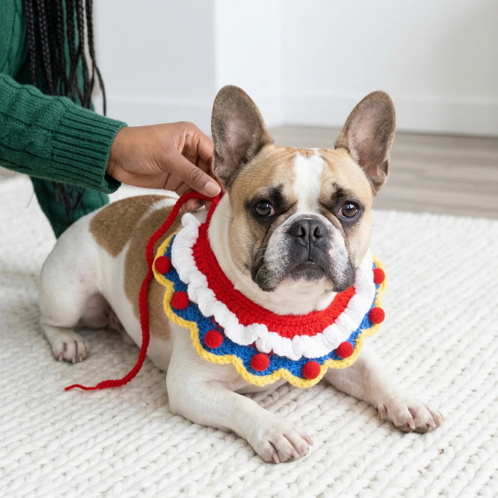 Handmade Crochet Pet Collar | Ruffled Pom Pom Trim Dog Cat Bandana Soft Adjustable