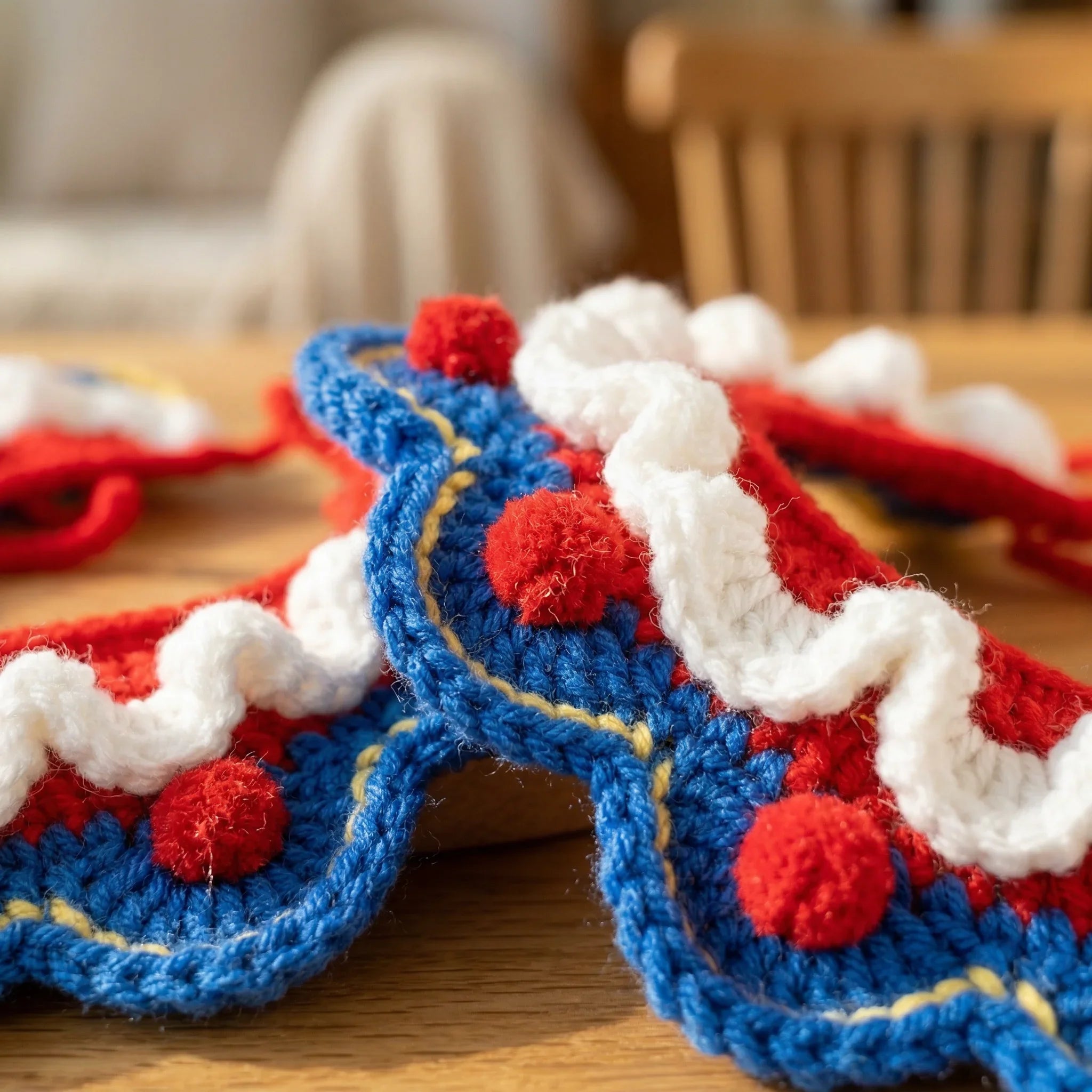 Handmade Crochet Pet Collar | Ruffled Pom Pom Trim Dog Cat Bandana Soft Adjustable