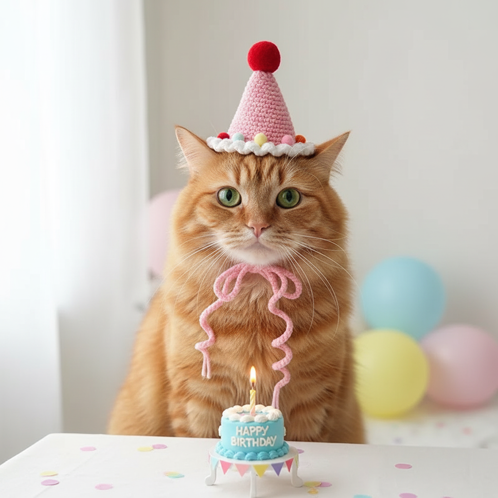 Handmade Crochet Cat Birthday Hat, Breathable Cotton-Silk Yarn Pink Party Hat for Cats, Custom Pet Birthday Accessory, Adorable Cat Birthday Photo Prop for Instagram
