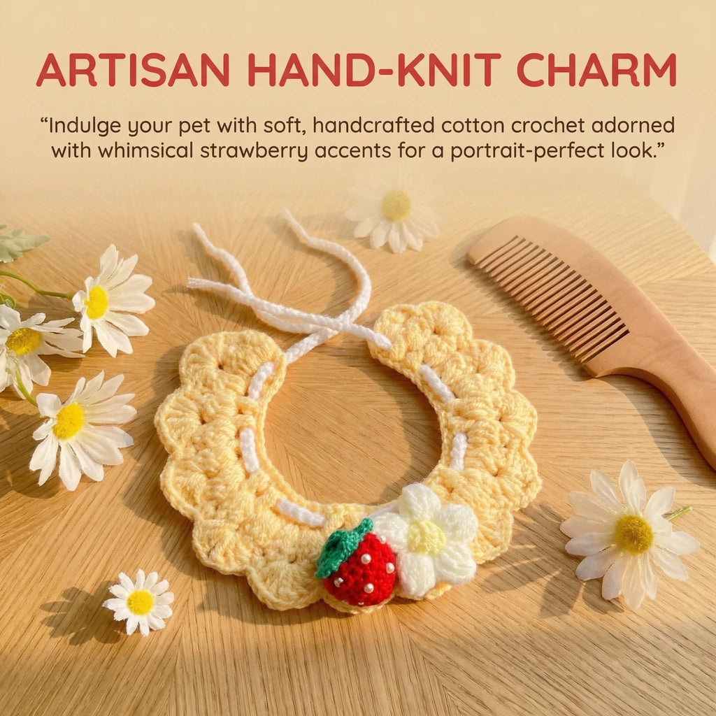 Artisan Hand-Knit Crochet Cat Bib with Strawberry, Flat Lay of Handcrafted Pet Collar, 100% Cotton Knitted Cat Accessory, Adjustable Soft Neckwear for Kittens & Small Dogs