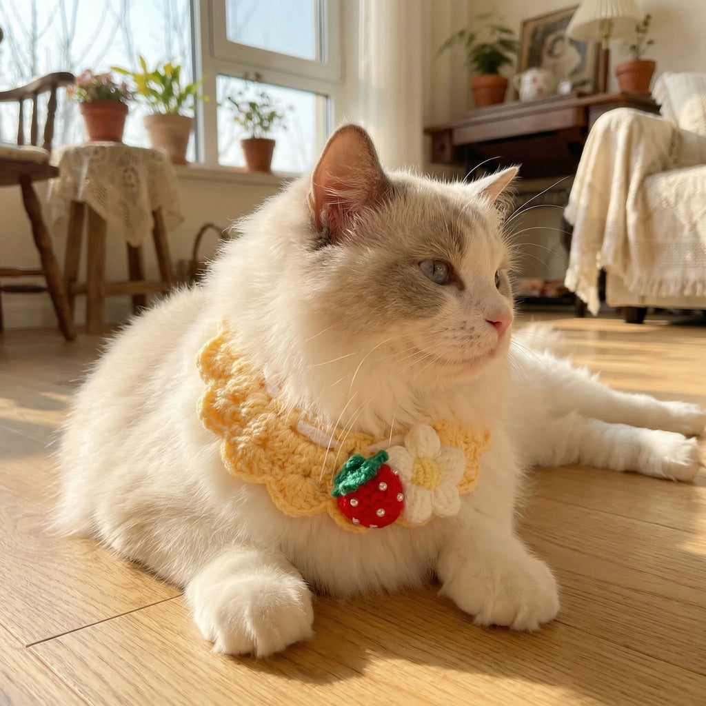 Handmade Knitted Cat Collar with Strawberry Fruit, Cute Crochet Floral Pet Bib for Long Hair Cats, Handmade Soft Cat Accessories, Yellow Cotton Cat Neckwear for Photo Outfits