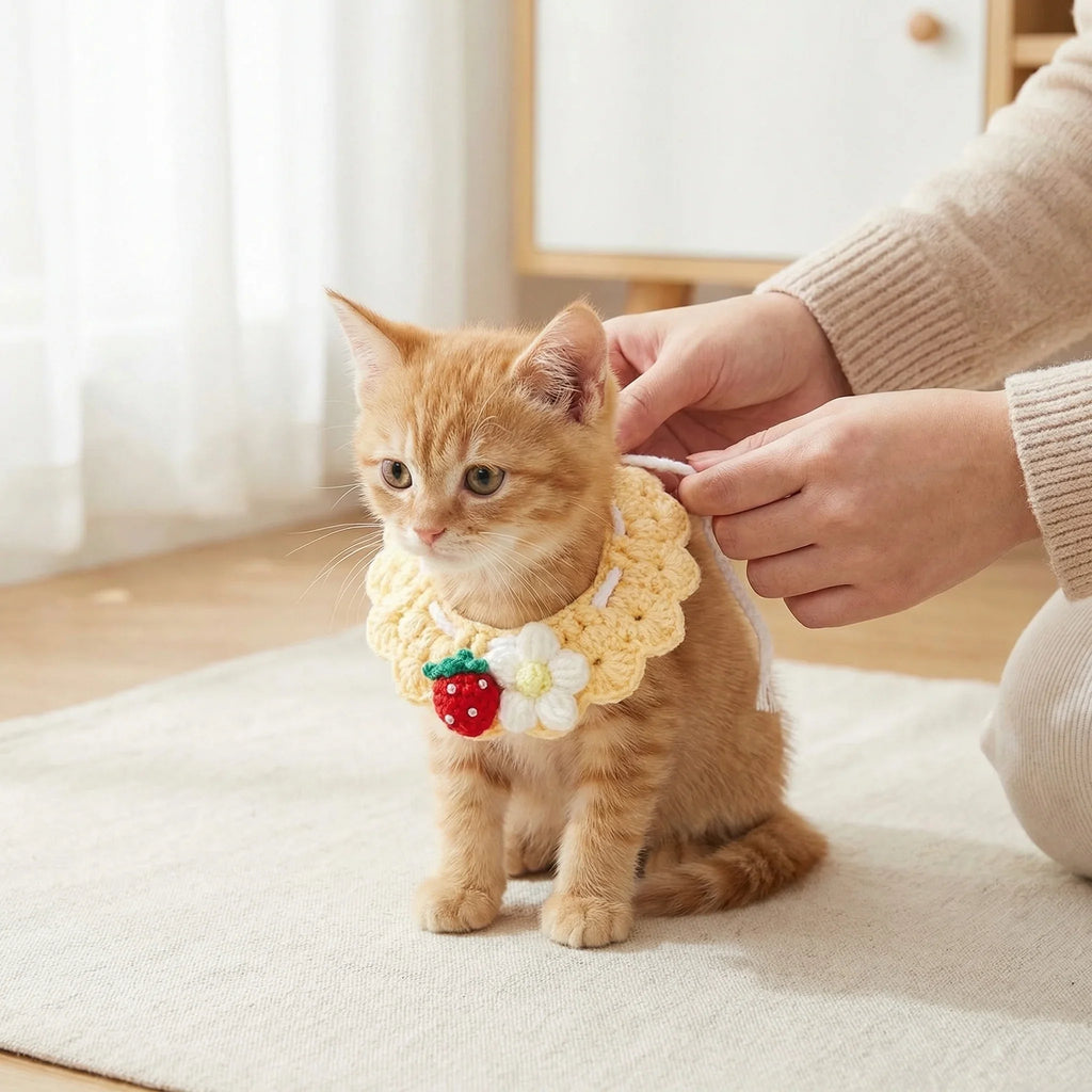 Adjustable Handmade Crochet Cat Collar, Hands Tying Strawberry Daisy Knitted Pet Bib, 100% Cotton Handmade Cat Accessory, Soft and Cozy Neckwear for Orange Tabby Cats
