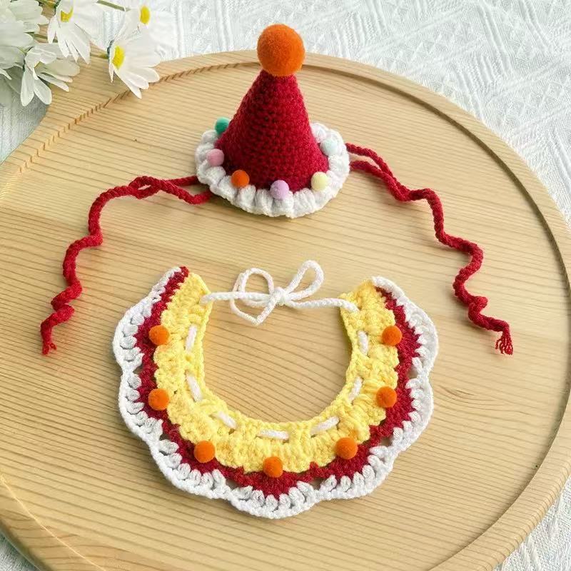 Burgundy and lemon yellow crochet pet hat and collar set, classic festive colors