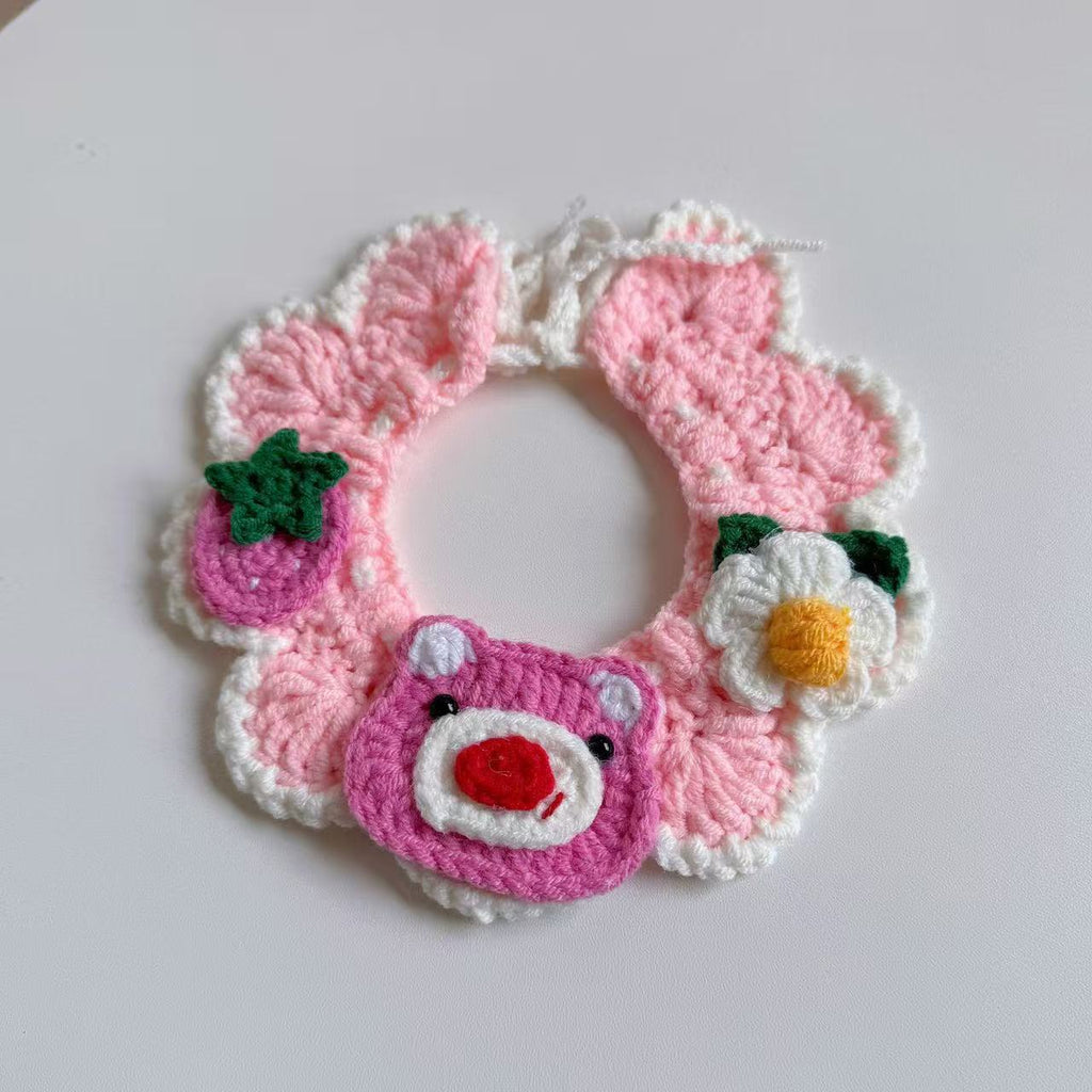 Handmade Crochet Pet Collar with Pink Bear Strawberry and Flower Decor, Cute Knitted Cat Neckwear for Small Pets, Hand Knit Pet Accessories for Photo Shoots and Gifts