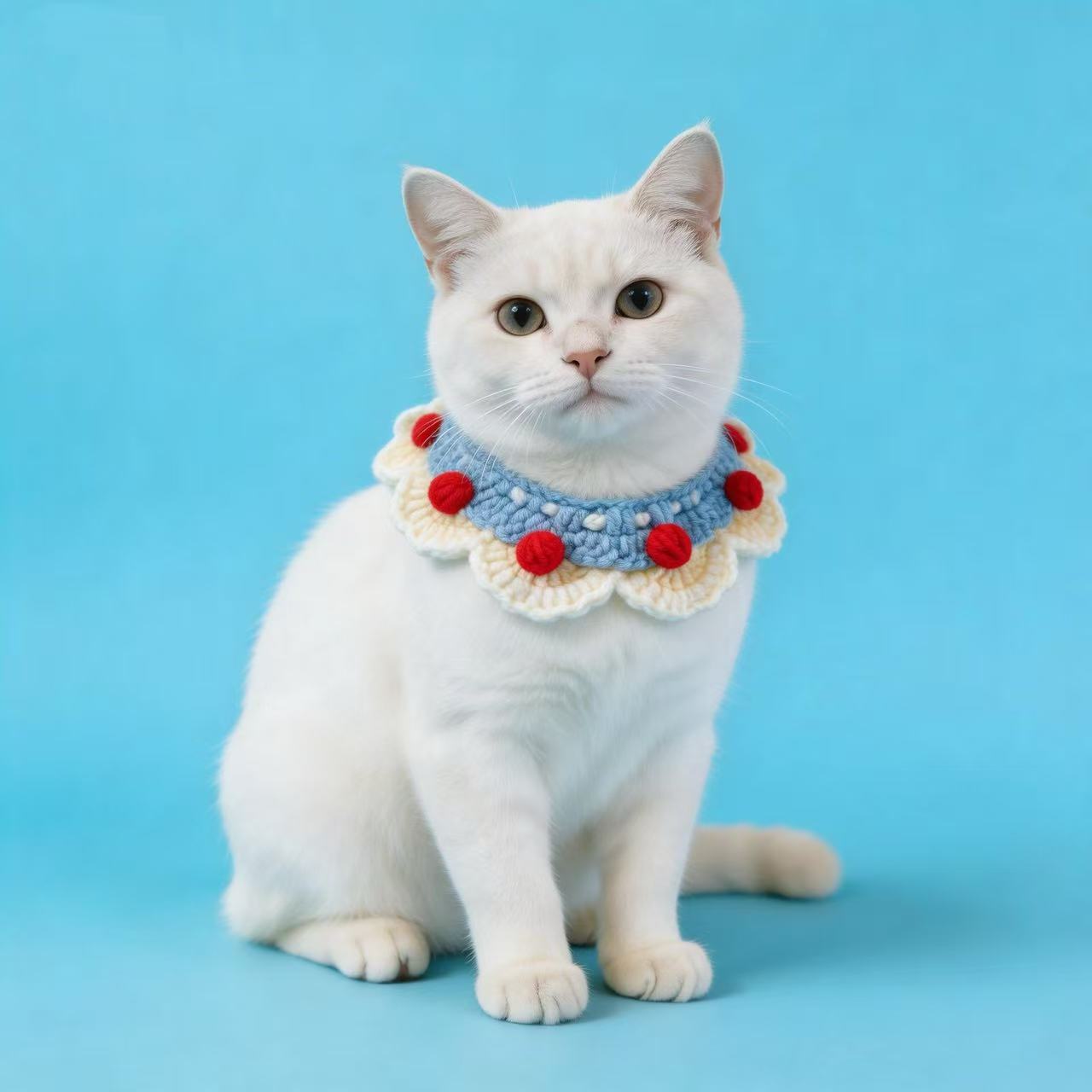 Handmade Crochet Cat Collar in Blue Yellow with Cherry Decor, Cute Knitted Pet Neckwear for Small Pets