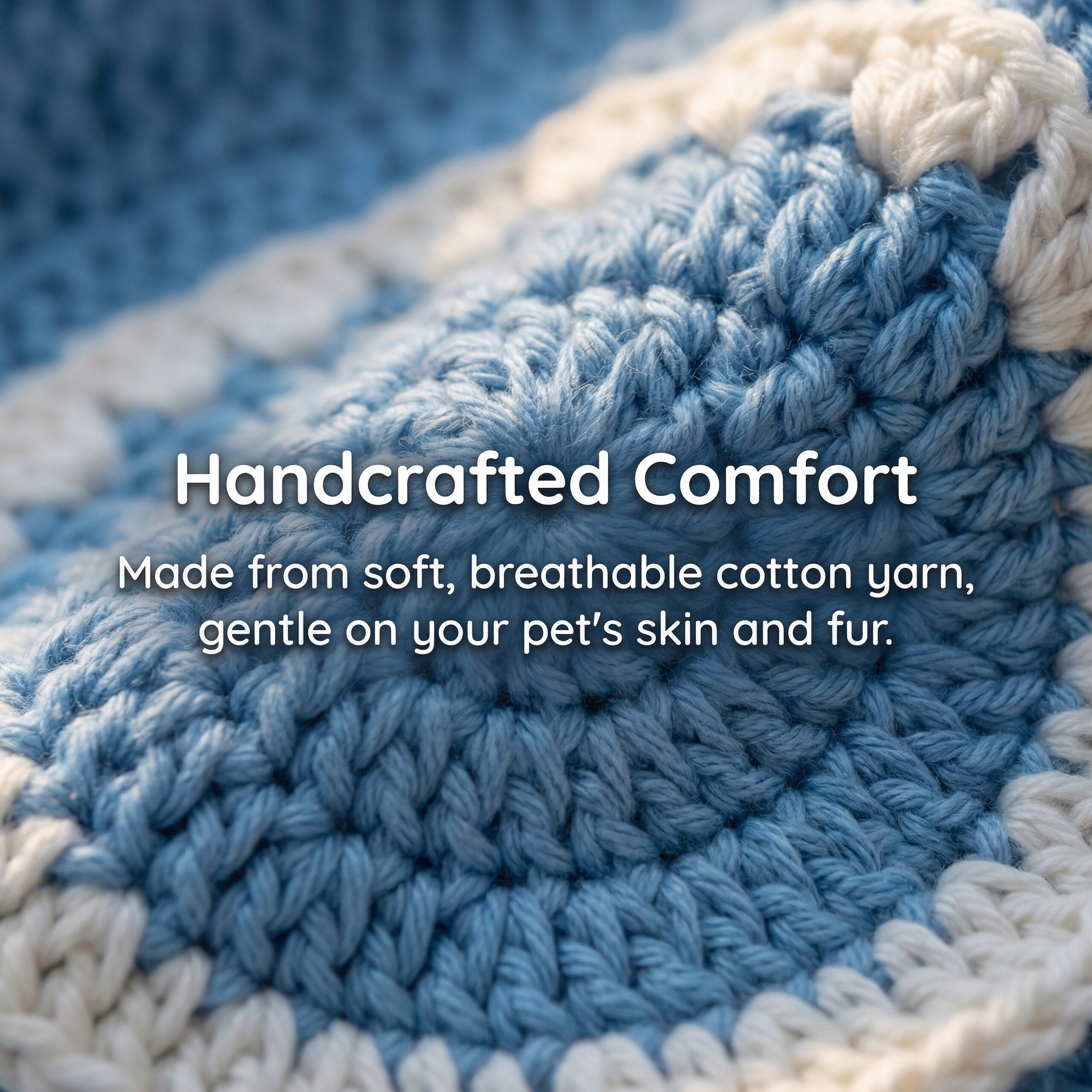 Close-up of hand-crocheted pet accessory made from soft breathable cotton yarn, blue and white texture, gentle on pet skin and fur