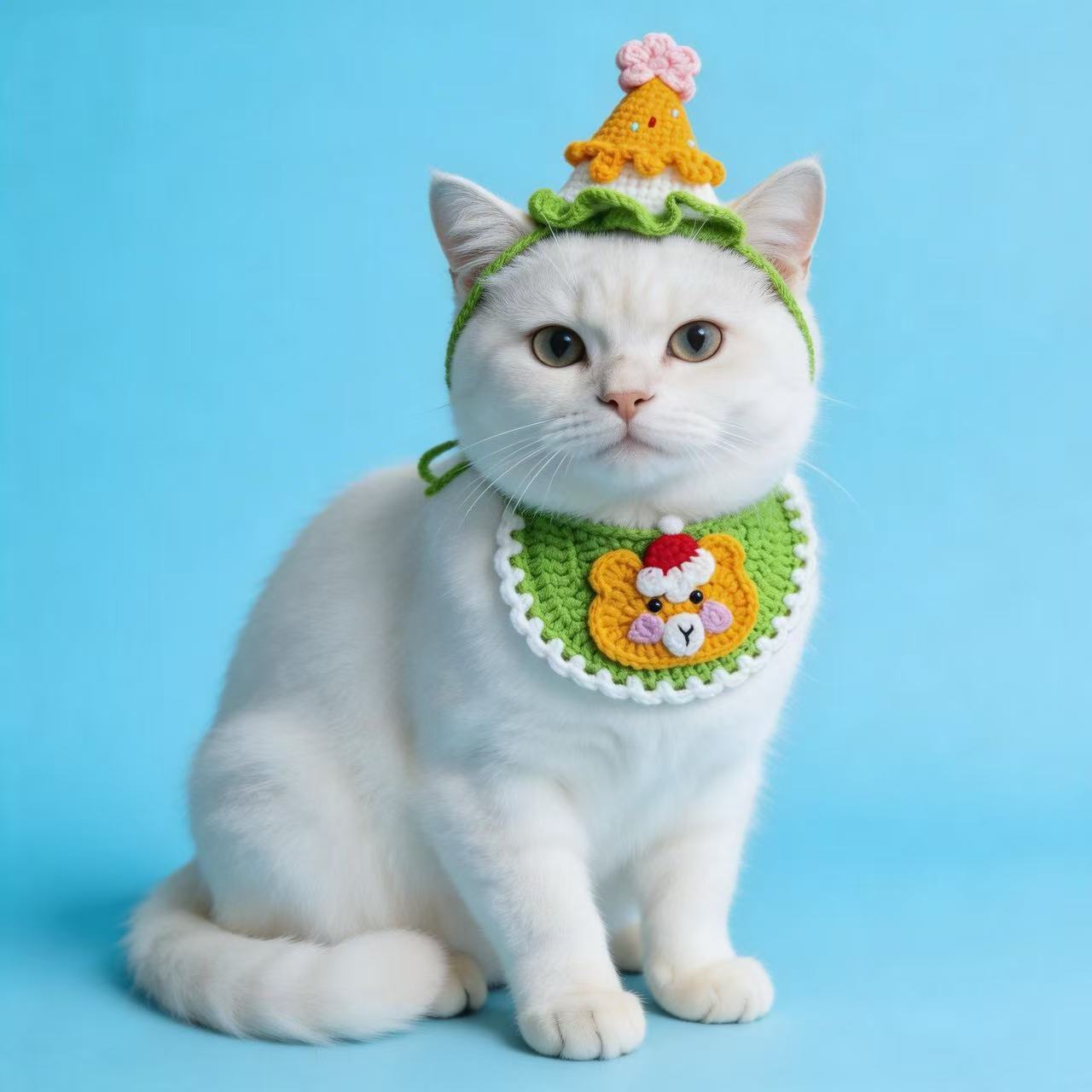Handmade Crochet Pet Outfit Set | Bunny Hat & Pig Scarf for Cats & Small Dogs | Cute Soft Knit Custom Pet Costume