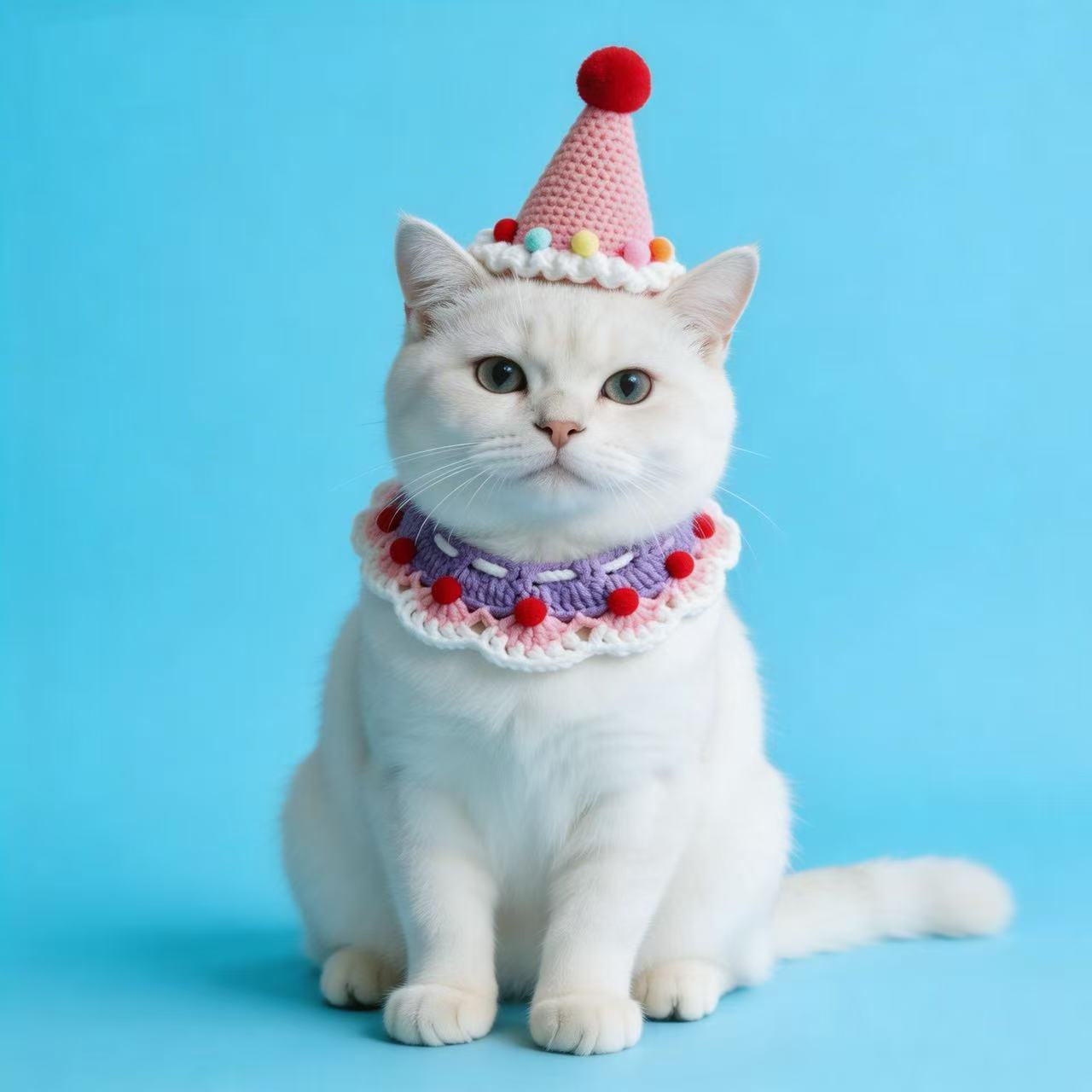 Handcrafted crochet pet birthday hat and collar set in pink and purple, worn by a white cat for a festive look