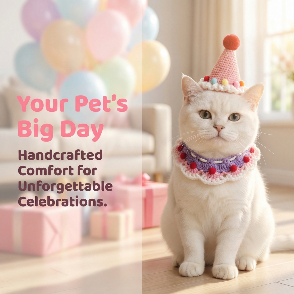 Festive pet hat with fluffy pom-pom + charming adjustable collar, complete set for coordinated look