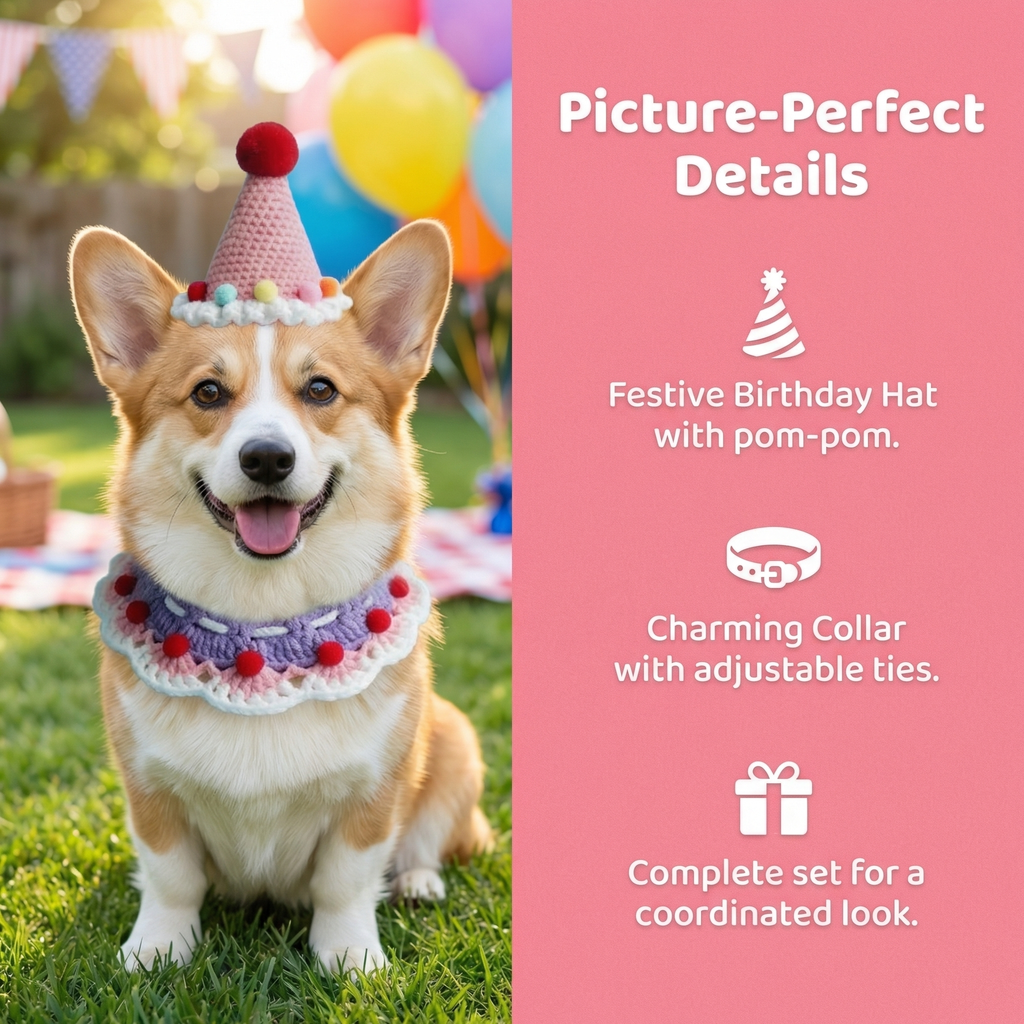 Corgi dog wearing a handmade crochet birthday hat (yellow) and collar (pink) set, perfect for pet celebrations