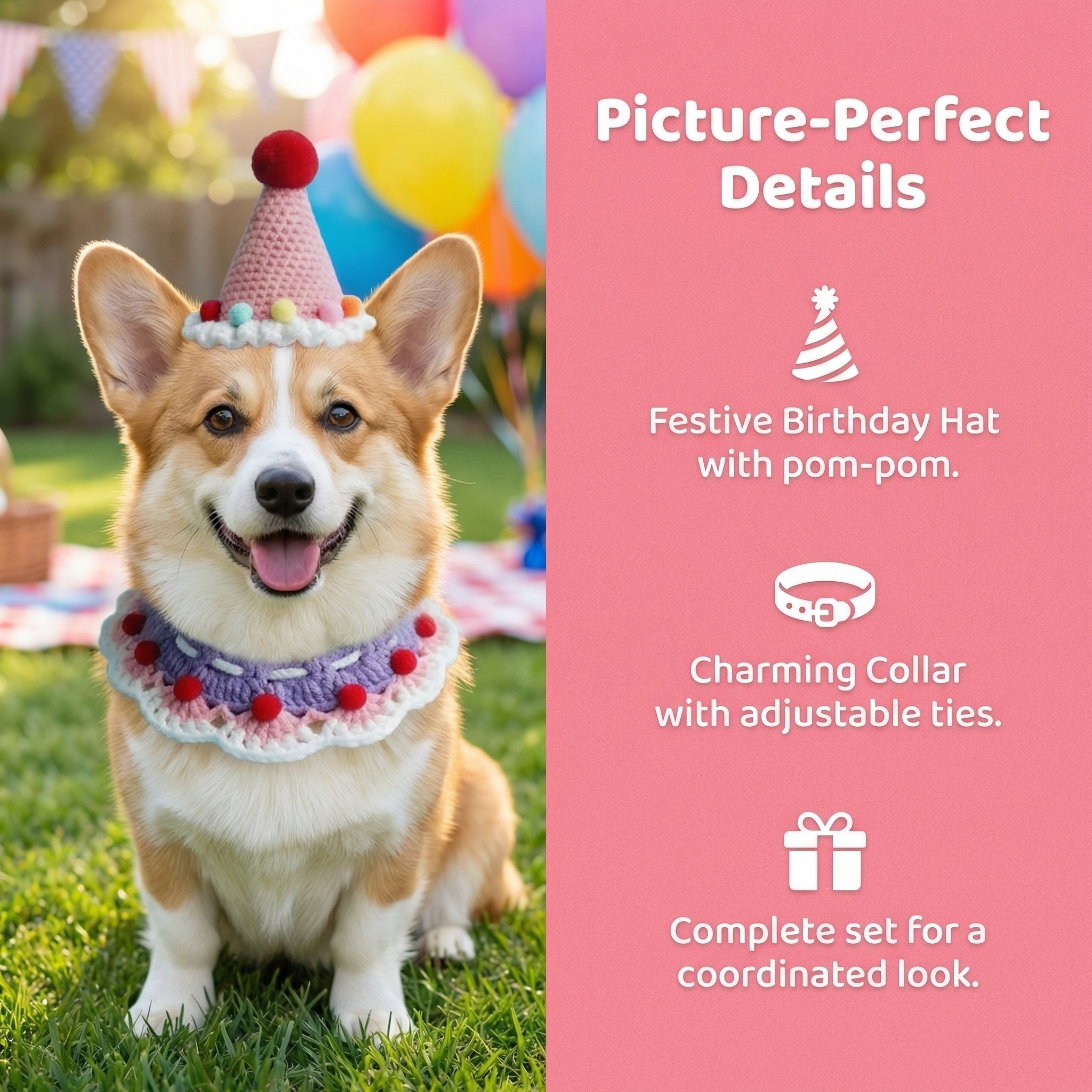 Corgi dog wearing a handmade crochet birthday hat (yellow) and collar (pink) set, perfect for pet celebrations