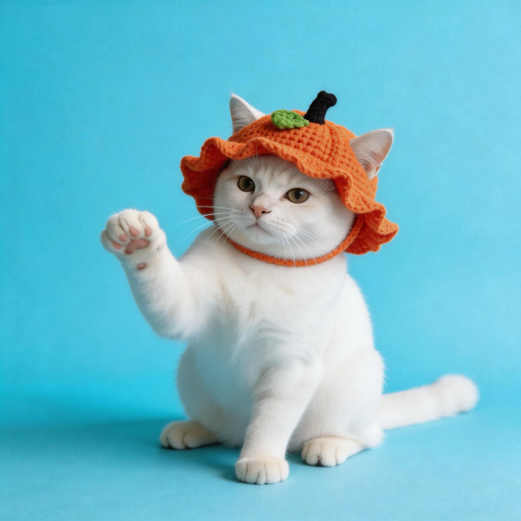 Handmade crocheted pumpkin cat hat for Halloween, custom cat costume