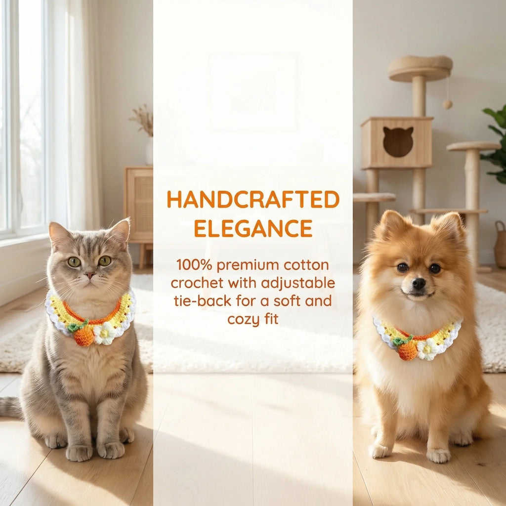 Handcrafted Crochet Pet Collar for Cats and Small Dogs, Cute Orange Flower Knitted Bib, 100% Premium Cotton Handmade Pet Accessory, Adjustable Cozy Fit for Cats & Pomeranians