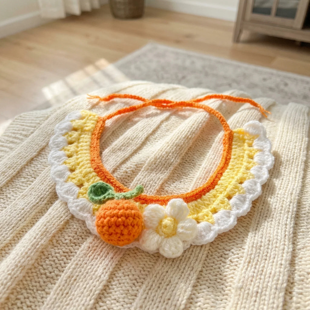 Handmade Crochet Cat Bib with Orange and Daisy, Flat Lay of Handcrafted Pet Collar, 100% Cotton Knitted Cat Accessory, Adjustable Soft Neckwear for Kittens