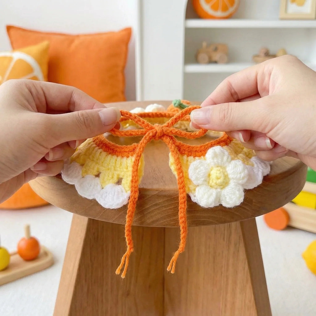 Adjustable Handmade Crochet Cat Collar, Hands Tying Orange Tie Back of Knitted Pet Bib, 100% Cotton Handmade Cat Accessory, Soft and Cozy Neckwear for Small Pets