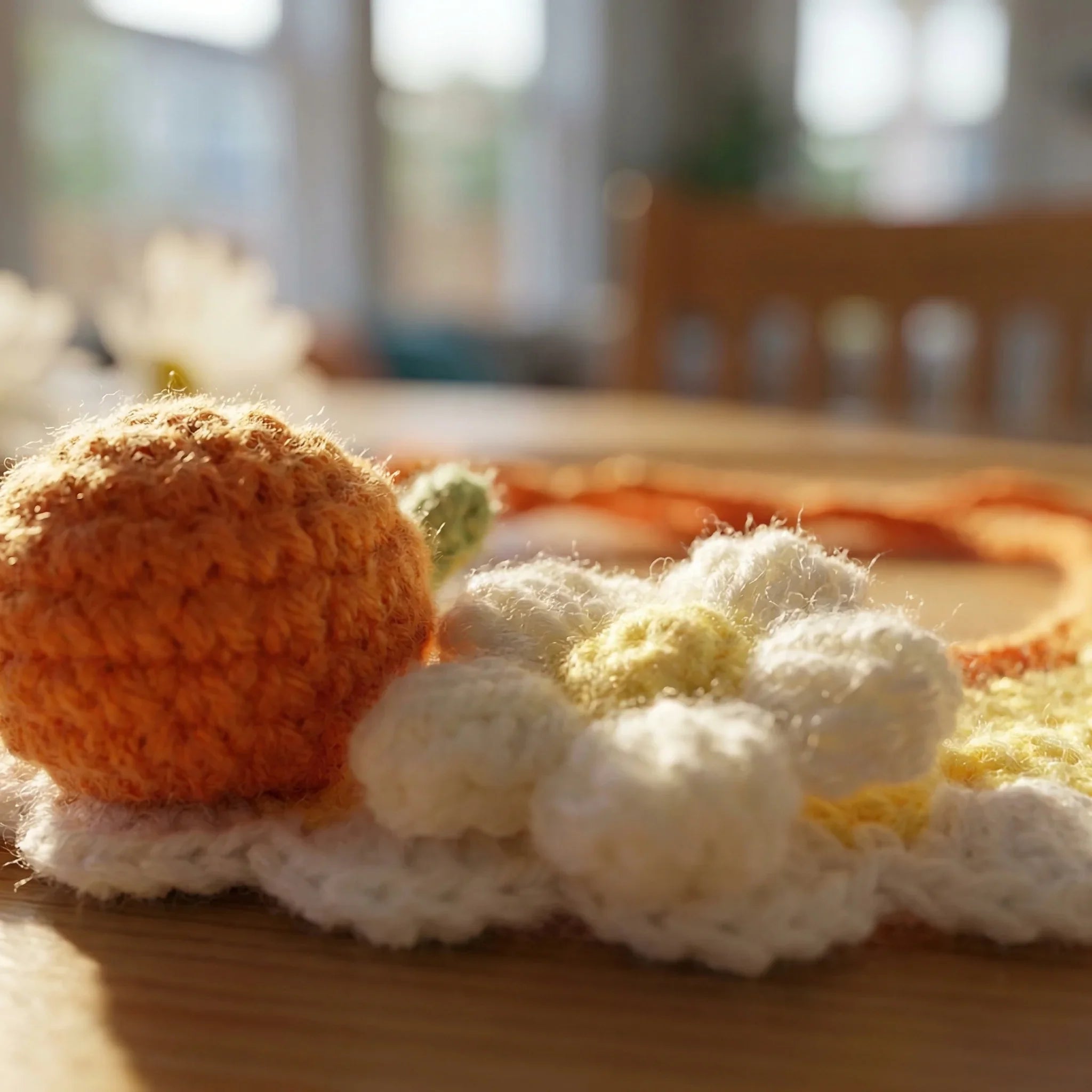 Close Up Handmade Crochet Cat Collar with Orange and Daisy, Detailed Texture of Knitted Pet Bib, 100% Premium Cotton Handmade Cat Accessory, Soft Floral Neckwear
