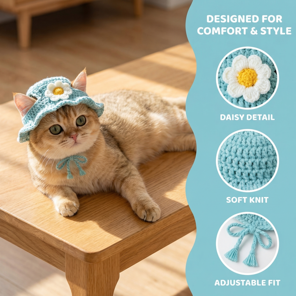 Crochet Handmade Daisy Pet Headwear – Purple & Green, Soft Cotton-Silk Yarn, Custom Made for Birthday Gift & Daily Wear