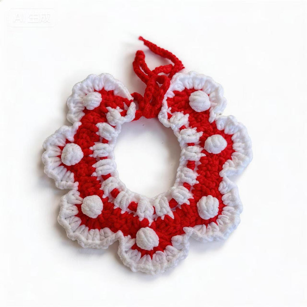 Handmade Crochet Cat Collar in Red White with Pompom Details, Cute Knitted Pet Neckwear, Handmade Pet Accessories for Photos