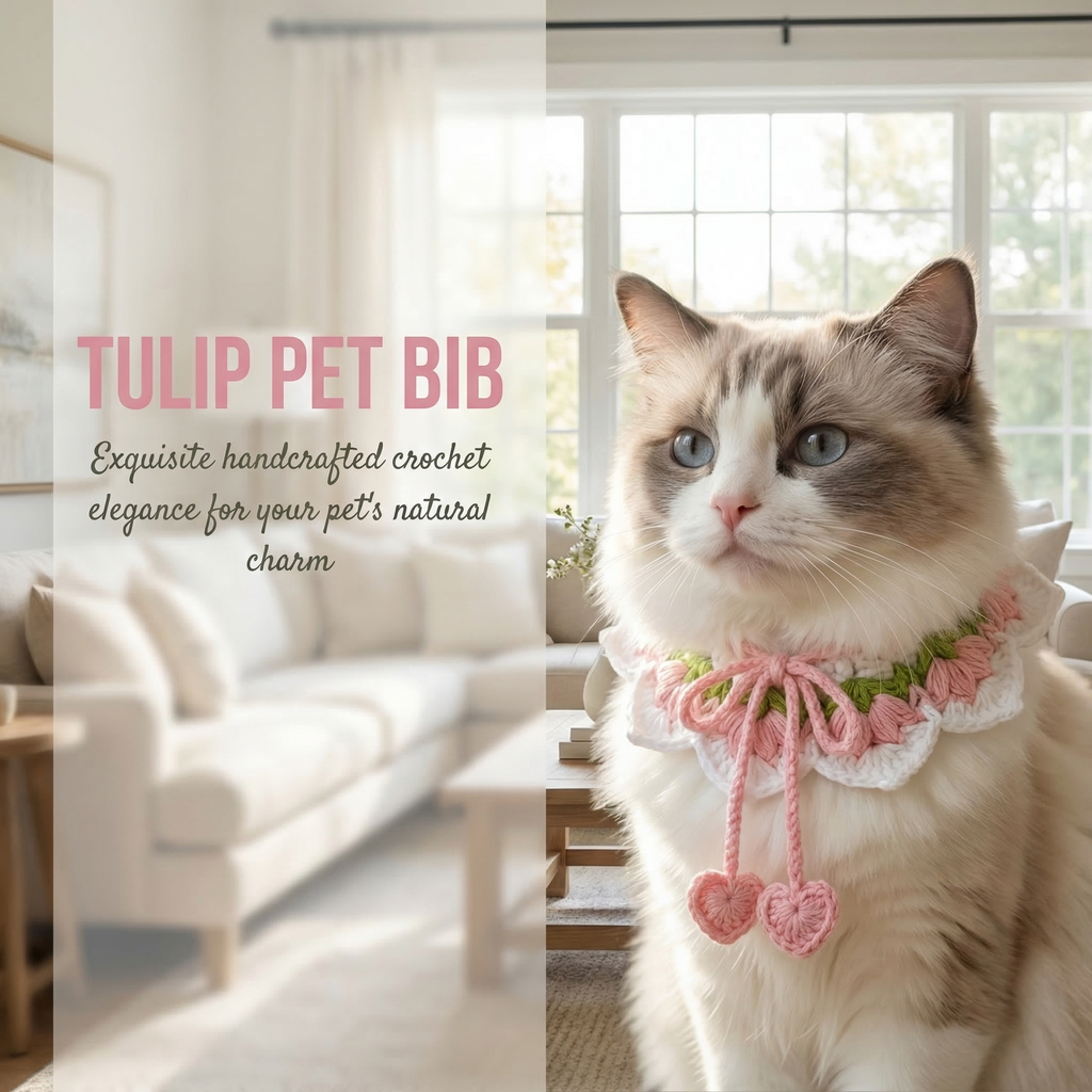 Handmade Crochet Pet Collar | Pink Green Floral Ruffled Dog Cat Bandana with Pom Poms