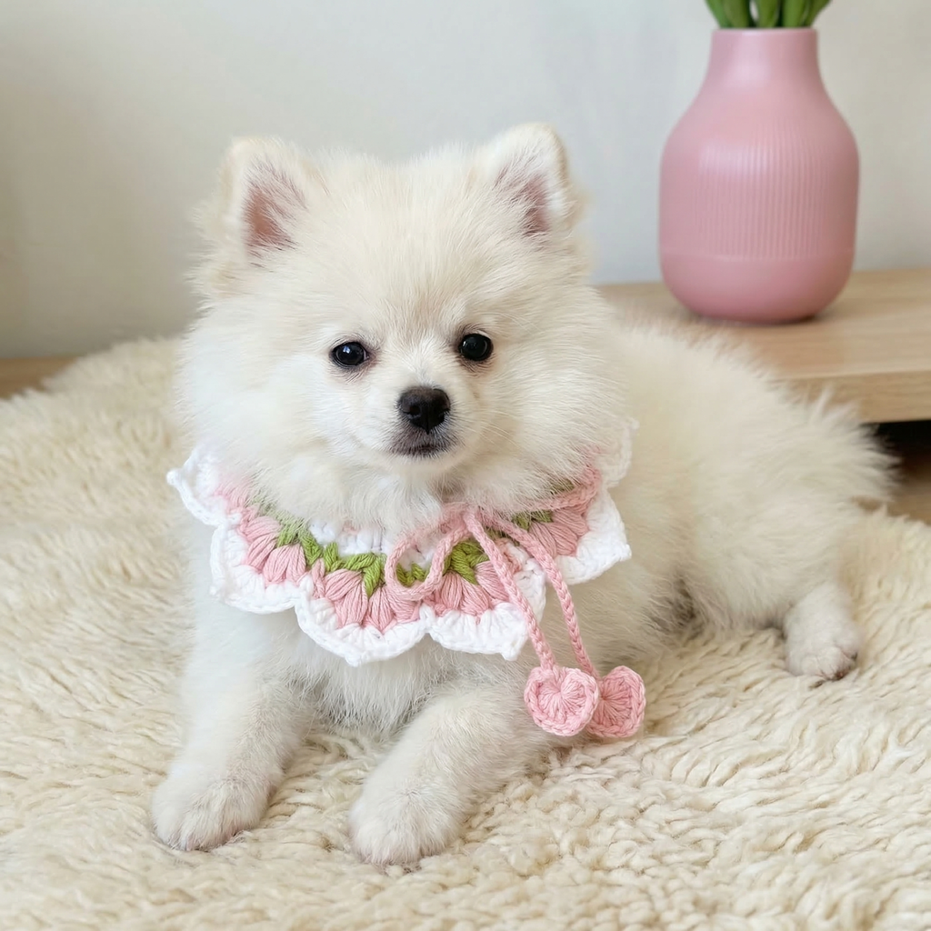 Handmade Crochet Pet Collar | Pink Green Floral Ruffled Dog Cat Bandana with Pom Poms