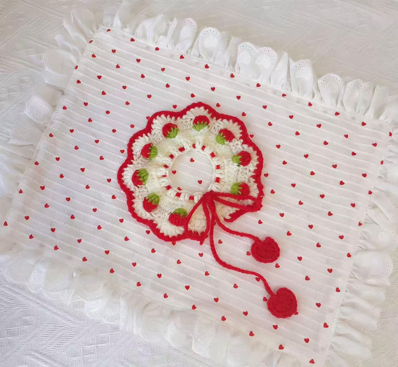 Handmade Crochet Pet Collar | Strawberry Themed Dog Cat Bandana with Pom Poms