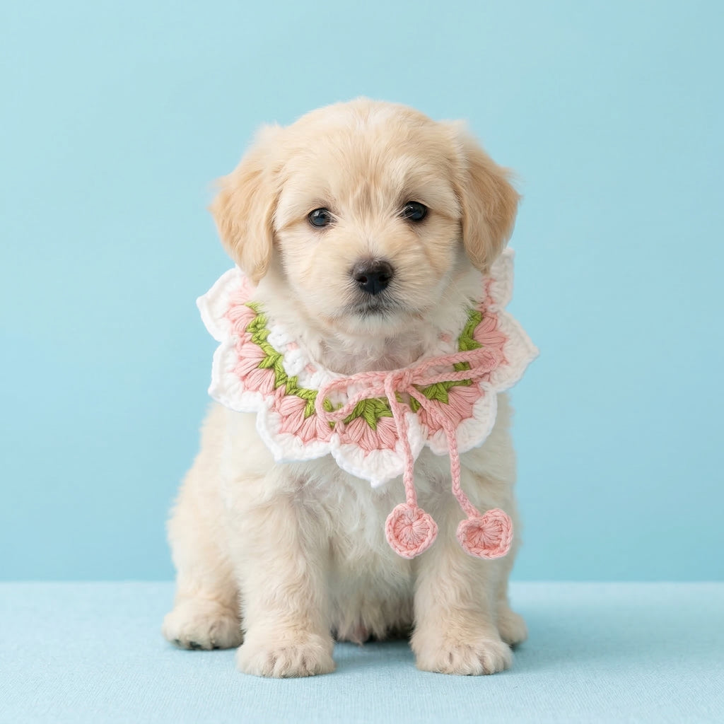 Handmade Crochet Pet Collar | Pink Green Floral Ruffled Dog Cat Bandana with Pom Poms