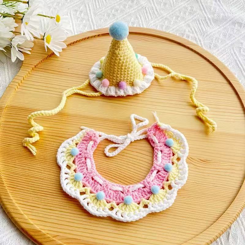 Yellow and pastel pink crochet pet accessory set, festive and cute design