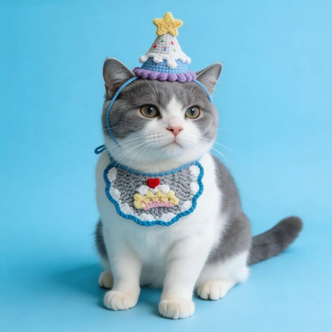 Cute gray and white cat wearing a hand-crocheted birthday hat and bib set, blue background, handmade pet birthday outfit with cake and star design